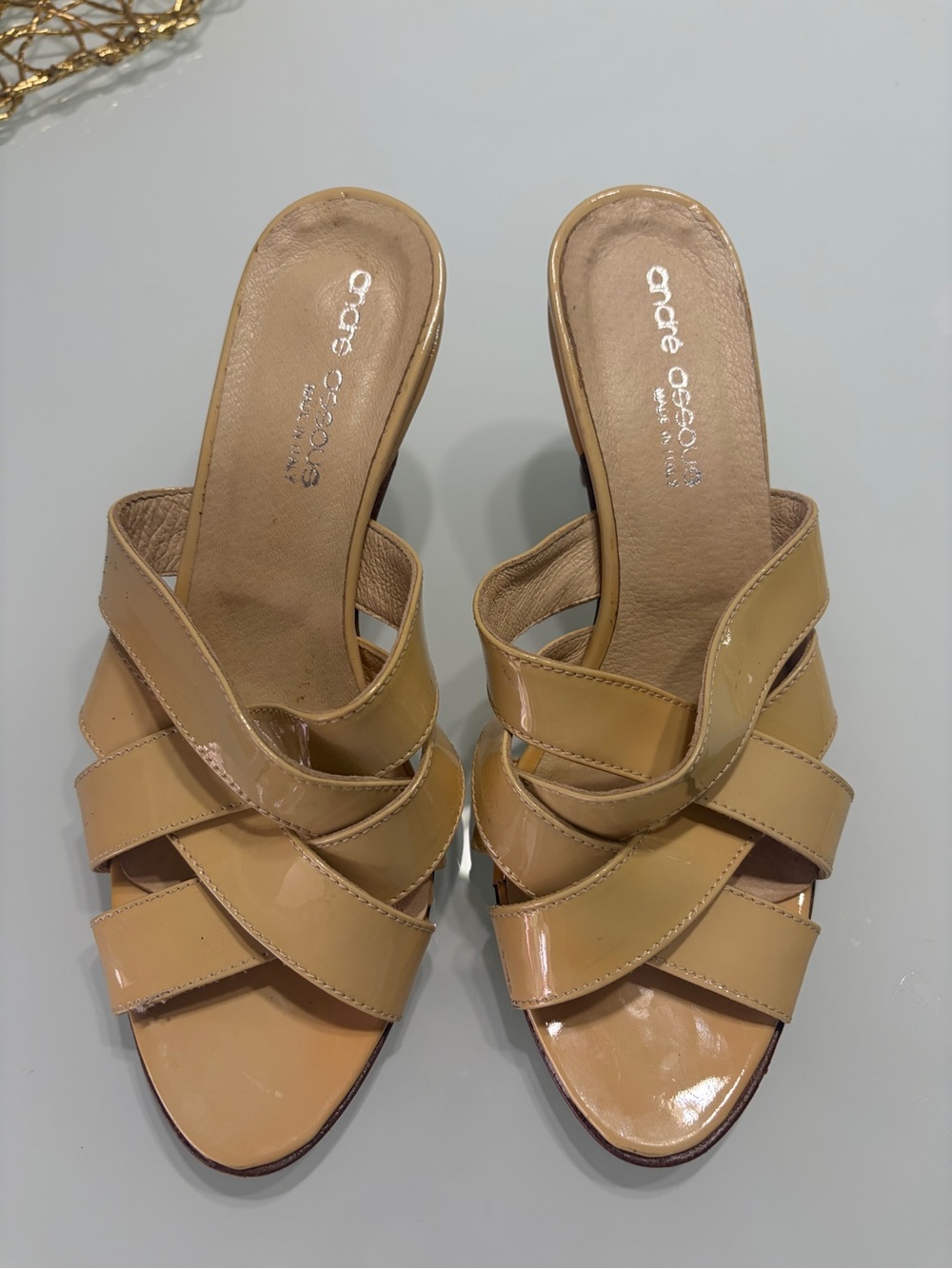 Andre Assous Patent Beige Crisscross Slide Mules
